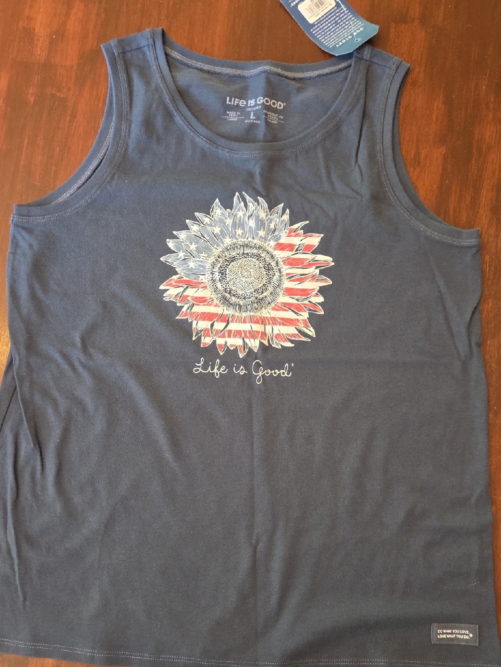 Life Is Good Navy Tank Top with American Flag Sunflower Graphic - Large